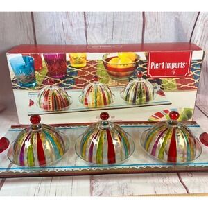 Pier 1 Imports Striped Glass Dessert Dish Set w/ Lids Serving Tray Discontinued.